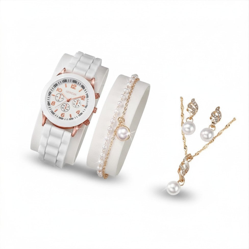 Set Elegante de Reloj y Joyería con Perlas (4 Piezas)
