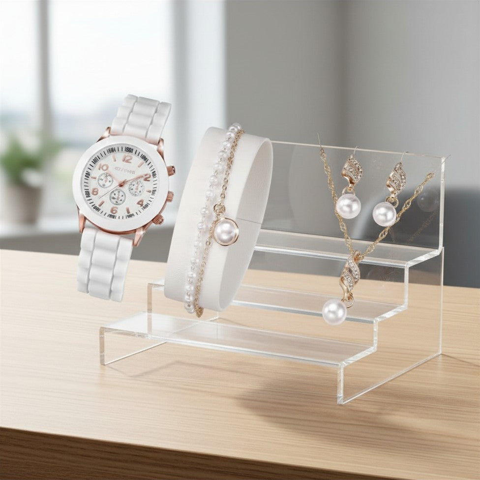 Set Elegante de Reloj y Joyería con Perlas (4 Piezas)